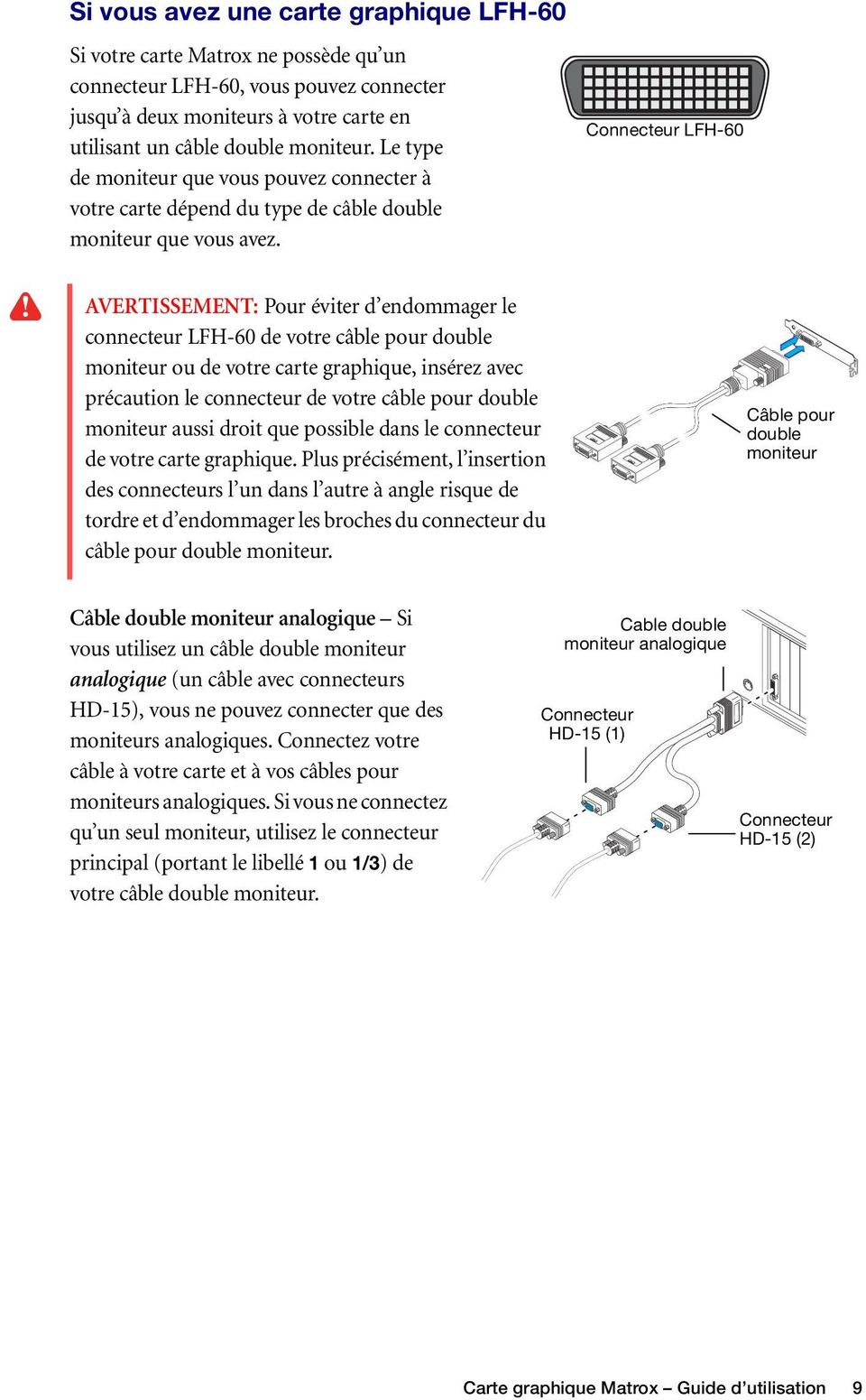Connecteur LFH-60 AVERTISSEMENT: Pour éviter d endommager le connecteur LFH-60 de votre câble pour double moniteur ou de votre carte graphique, insérez avec précaution le connecteur de votre câble