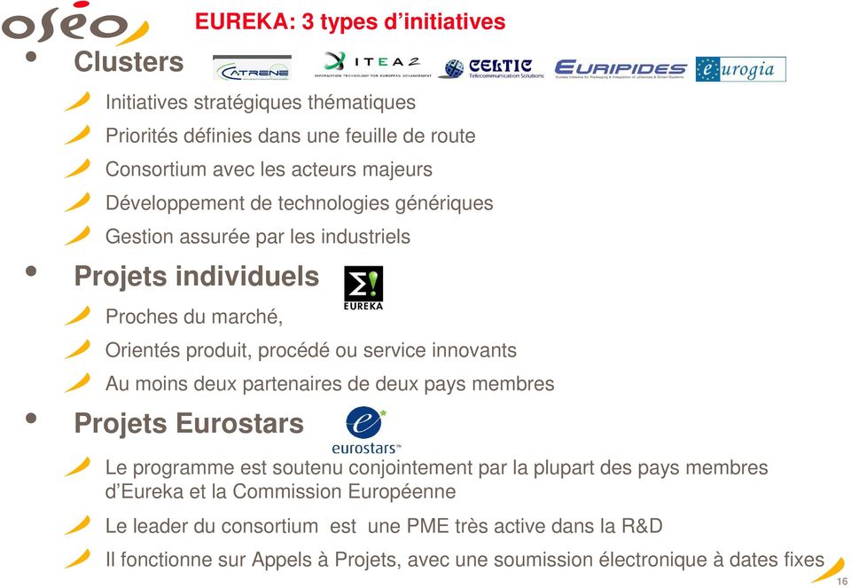 innovants Au moins deux partenaires de deux pays membres Projets Eurostars Le programme est soutenu conjointement par la plupart des pays membres d Eureka et