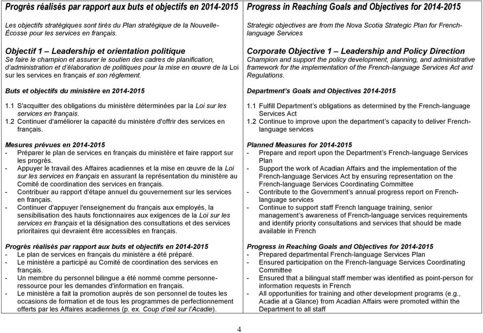 français et son règlement. Buts et objectifs du ministère en 2014-2015 1.1 S'acquitter des obligations du ministère déterminées par la Loi sur les services en 1.
