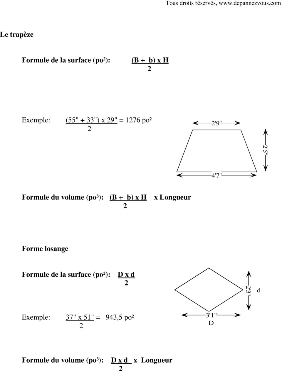 Longueur Forme losange Formule de la surface (po²): D x d '3" d