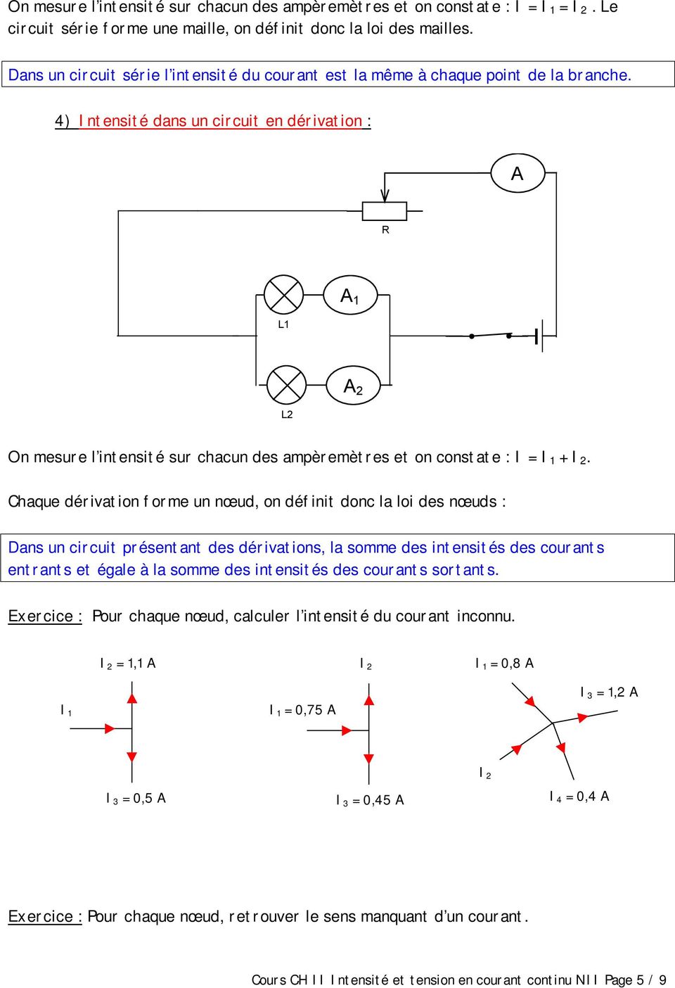 4) Intensité dans un circuit en dérivation : R L1 1 L2 2 On mesure l intensité sur chacun des ampèremètres et on constate : I = I 1 + I 2.