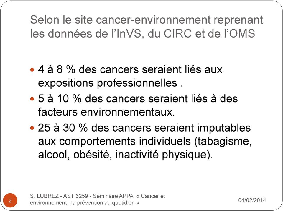 5 à 10 % des cancers seraient liés à des facteurs environnementaux.
