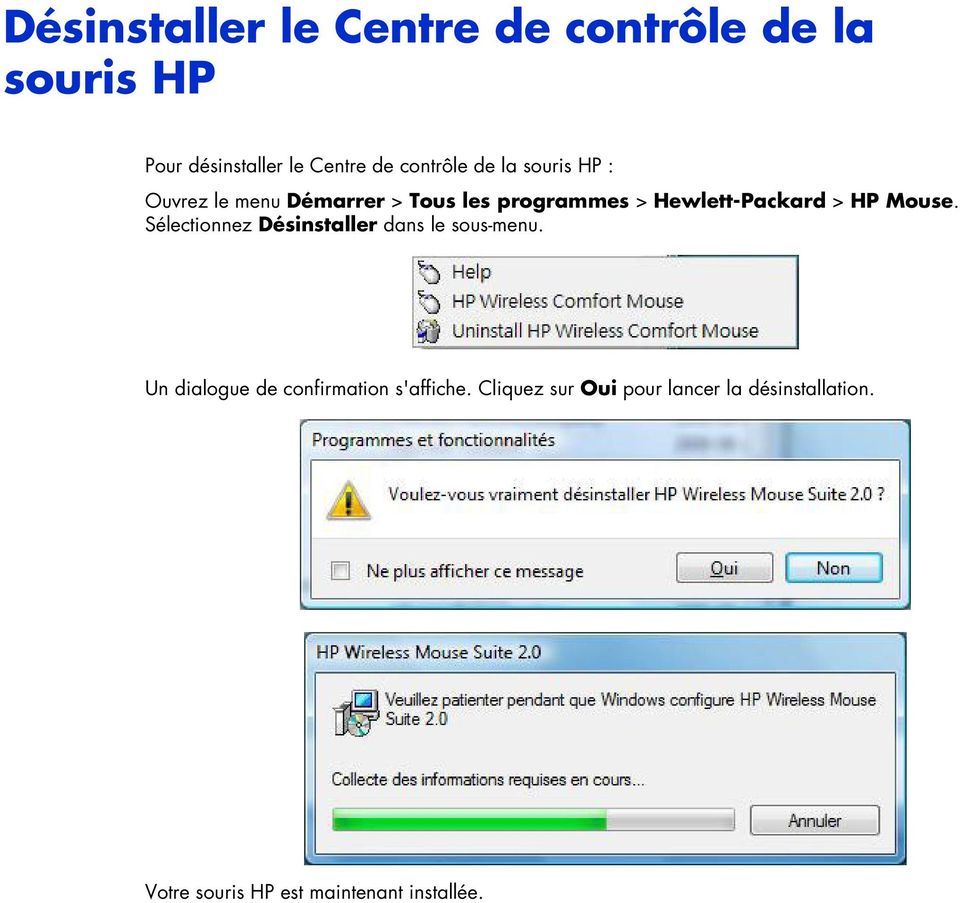 Hewlett-Packard > HP Mouse. Sélectionnez Désinstaller dans le sous-menu.
