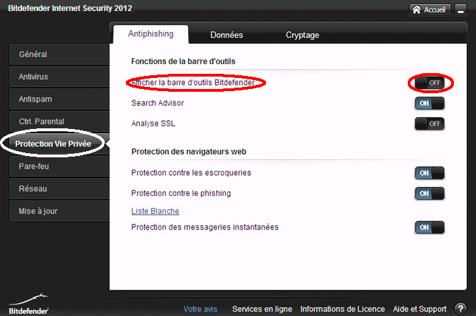 Dans le menu «Protection vie privée» assurez-vous que le switch «Afficher la barre d outils Bitdefender» est bien sur OFF.
