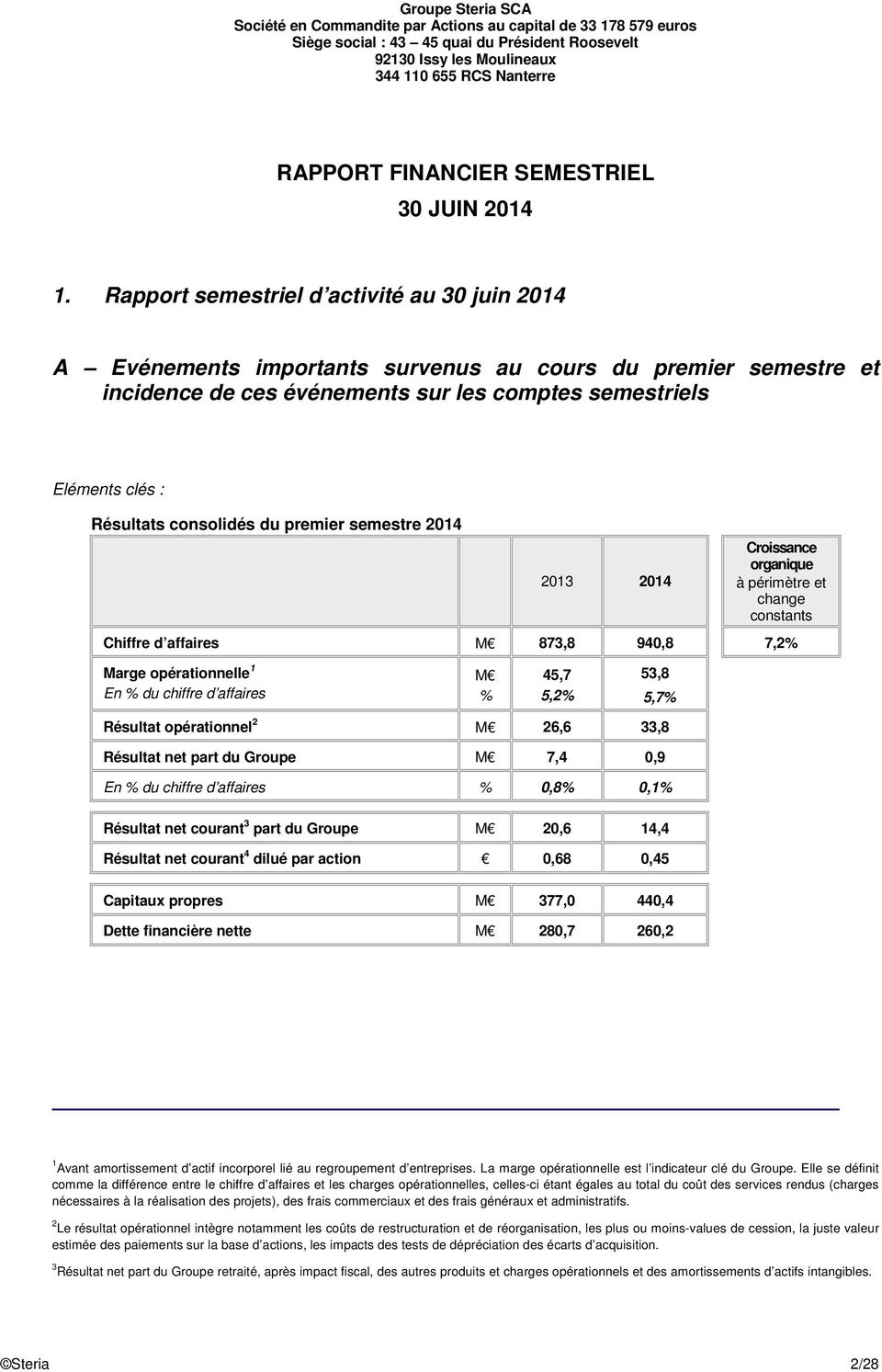 Rapport semestriel d activité au 30 juin 2014 A Evénements importants survenus au cours du premier semestre et incidence de ces événements sur les comptes semestriels Eléments clés : Résultats