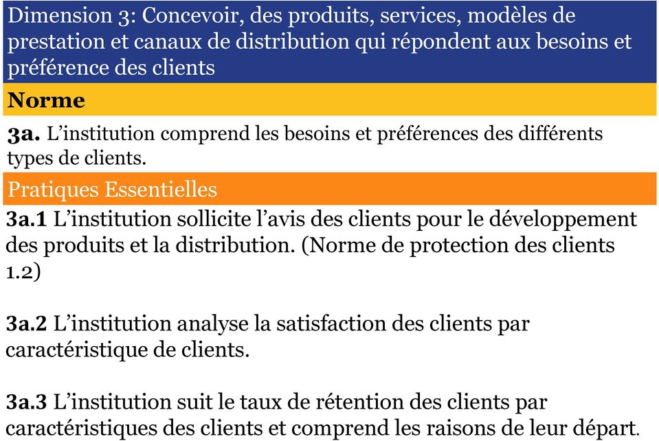1L institution sollicite l avis des clients pour le développement des produits et la distribution. (Norme de protection des clients 1.2) 3a.