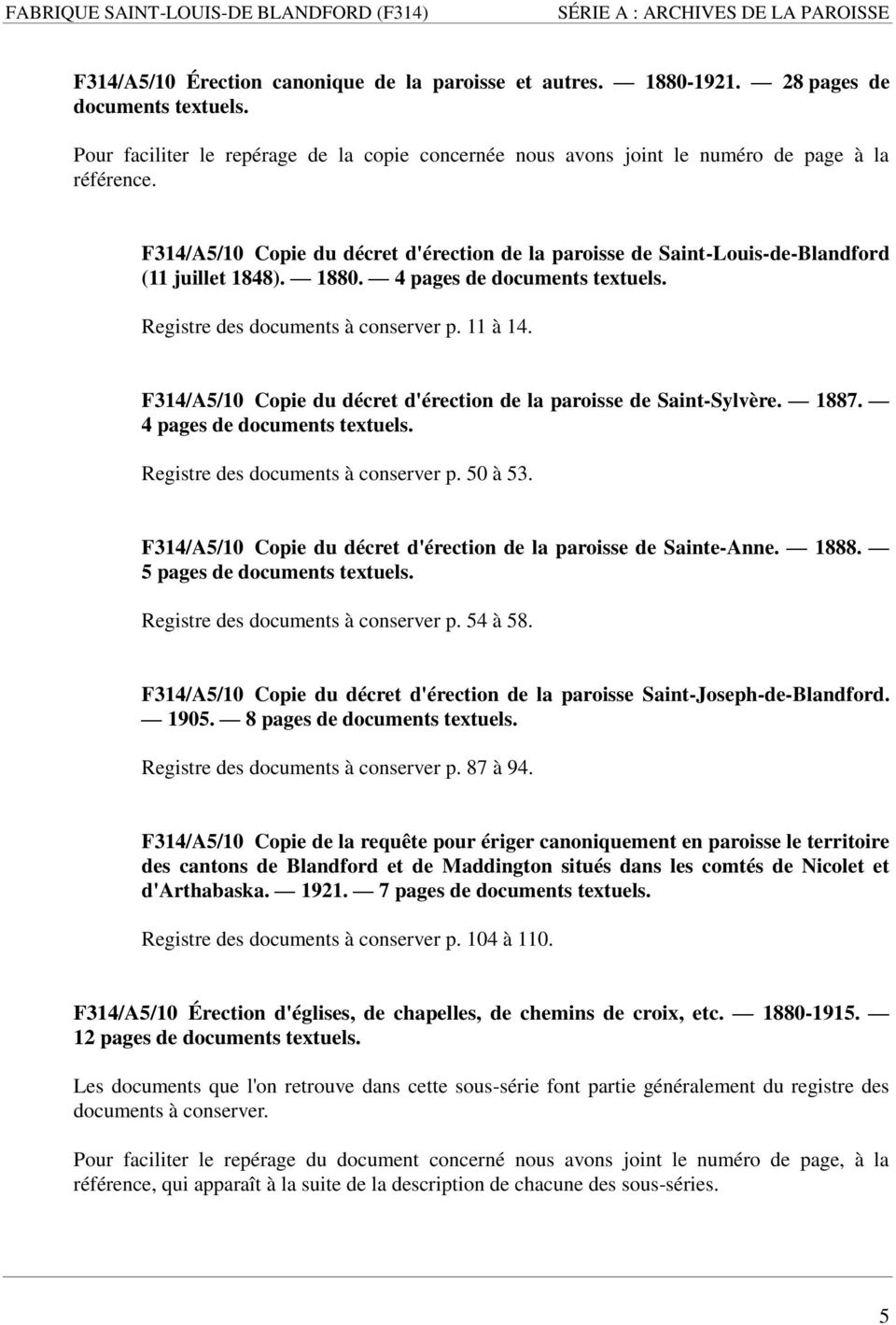 F314/A5/10 Copie du décret d'érection de la paroisse de Saint-Louis-de-Blandford (11 juillet 1848). 1880. 4 pages de Registre des documents à conserver p. 11 à 14.