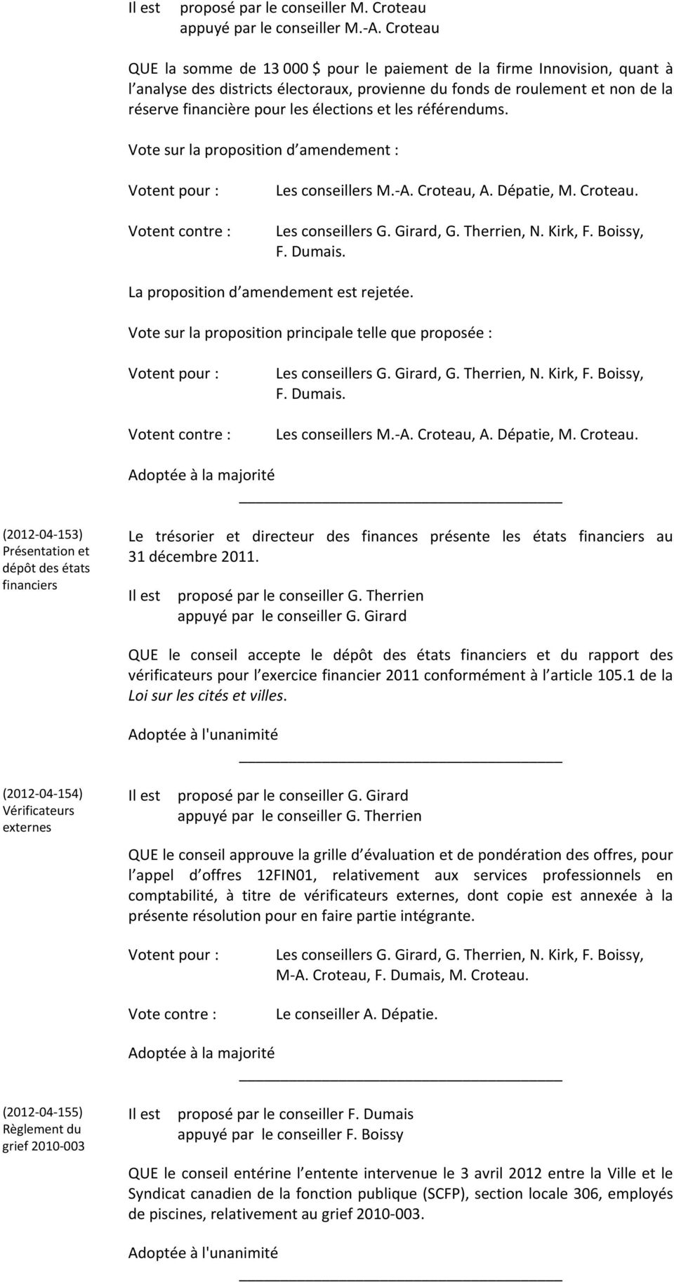 élections et les référendums. Vote sur la proposition d amendement : Votent contre : Les conseillers M. A. Croteau, A. Dépatie, M. Croteau. F. Dumais. La proposition d amendement est rejetée.