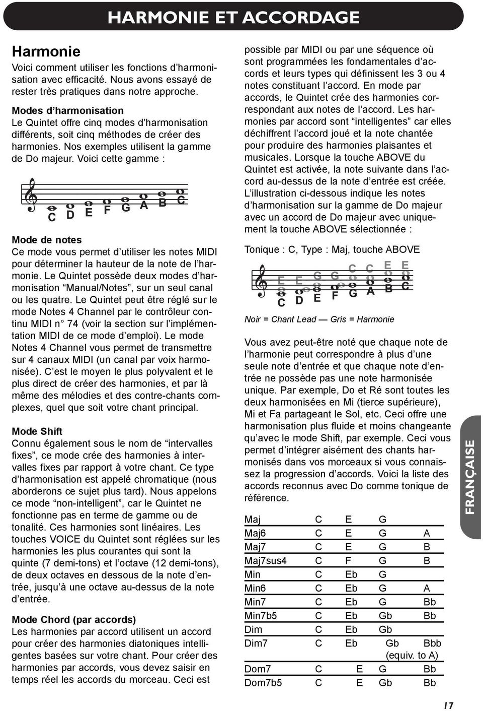 Voici cette gamme : Mode de notes Ce mode vous permet d utiliser les notes MIDI pour déterminer la hauteur de la note de l harmonie.