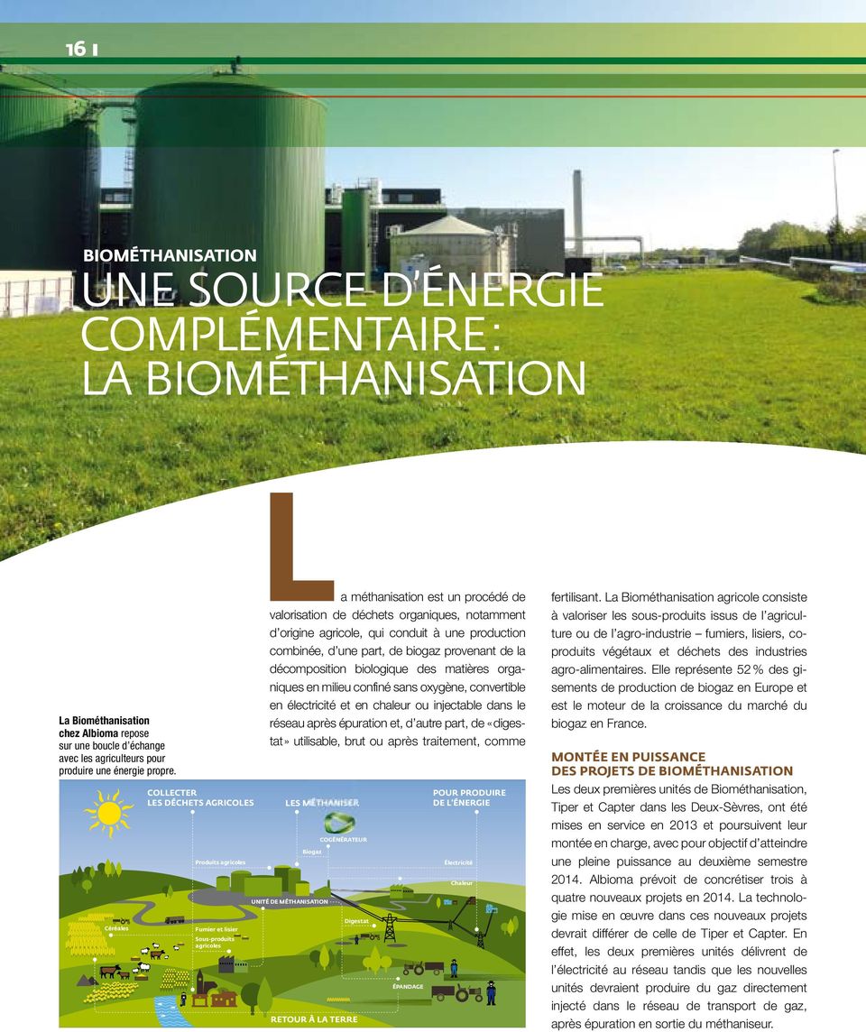 agricole, qui conduit à une production combinée, d une part, de biogaz provenant de la décomposition biologique des matières organiques en milieu confiné sans oxygène, convertible en électricité et
