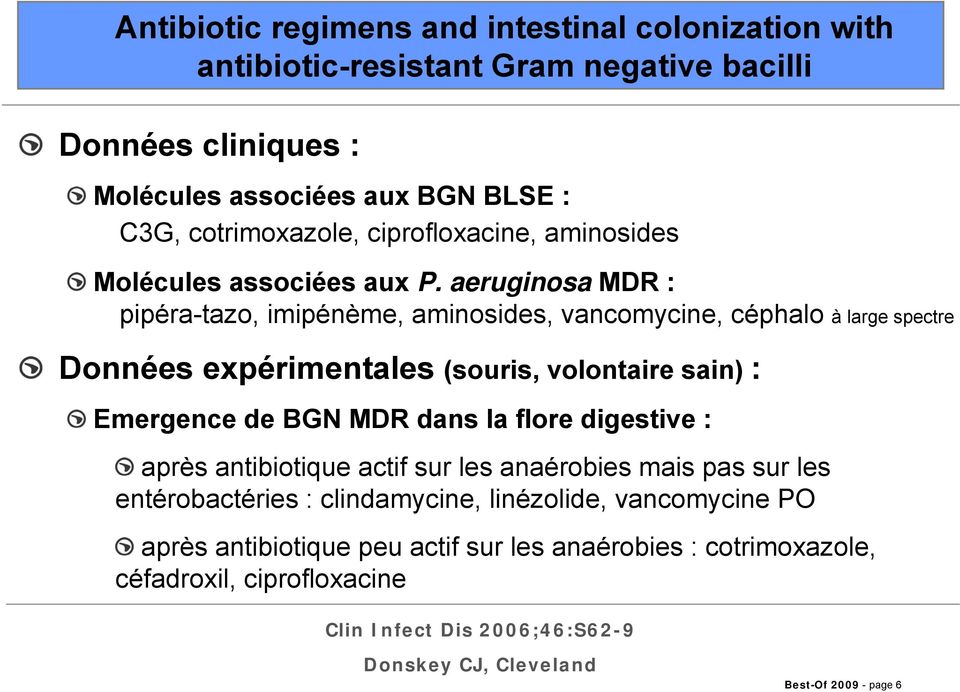 aeruginosa MDR : pipéra-tazo, imipénème, aminosides, vancomycine, céphalo à large spectre Données expérimentales (souris, volontaire sain) : Emergence de BGN MDR dans la