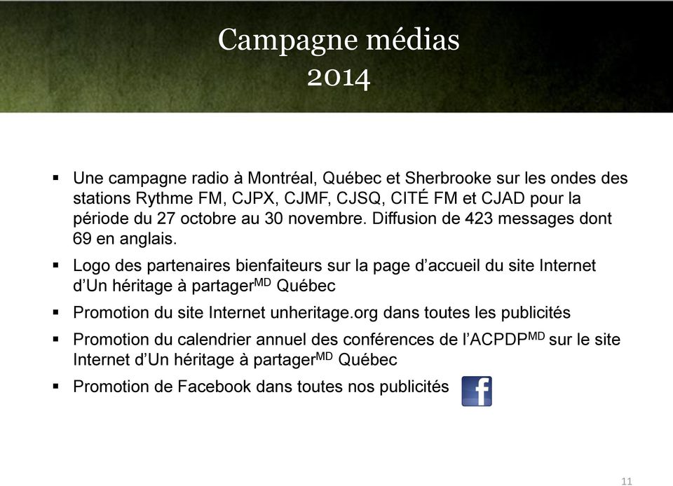 Logo des partenaires bienfaiteurs sur la page d accueil du site Internet d Un héritage à partager MD Québec Promotion du site Internet unheritage.