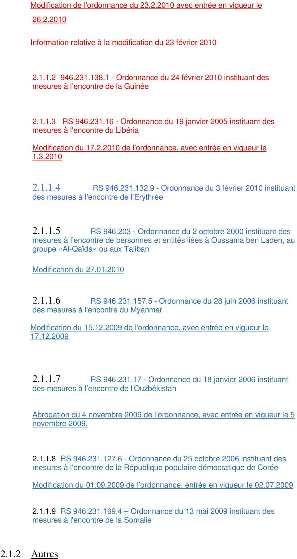 16 - Ordonnance du 19 janvier 2005 instituant des mesures à l'encontre du Libéria Modification du 17.2.2010 de l ordonnance, avec entrée en vigueur le 1.3.2010 2.1.1.4 RS 946.231.132.