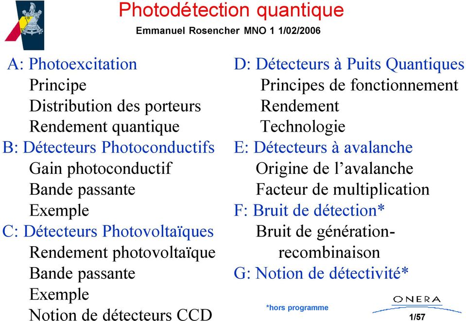 Exemple Notion de détecteurs CCD D: Détecteurs à Puits Quantiques Principes de fonctionnement Rendement Technologie E: Détecteurs à avalanche
