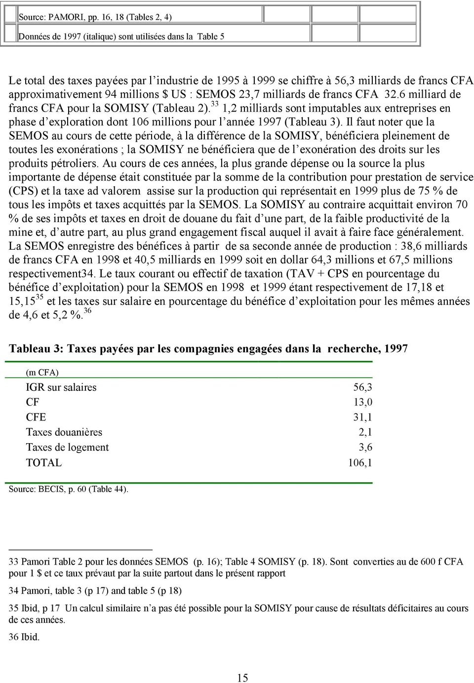 millions $ US : SEMOS 23,7 milliards de francs CFA 32.6 milliard de francs CFA pour la SOMISY (Tableau 2).