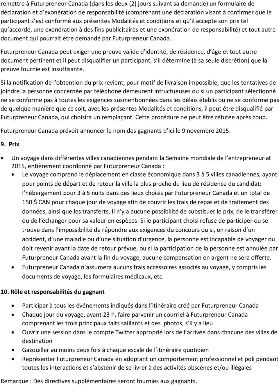 document qui pourrait être demandé par Futurpreneur Canada.