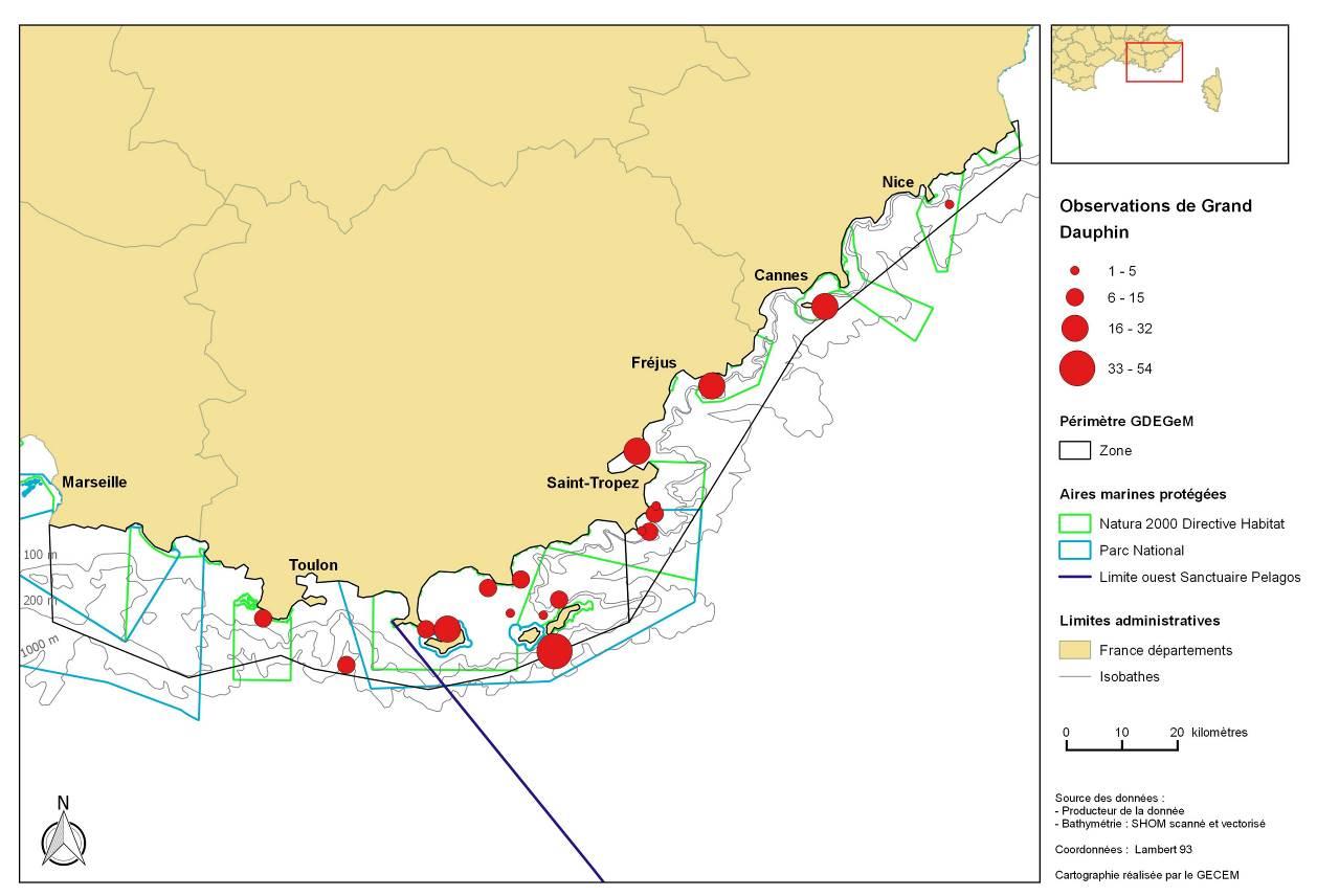 Carte 7: Localisation des groupes de Grands Dauphins (Tursiops truncatus) observés en région Provence entre mai 2013 et mars 2015.