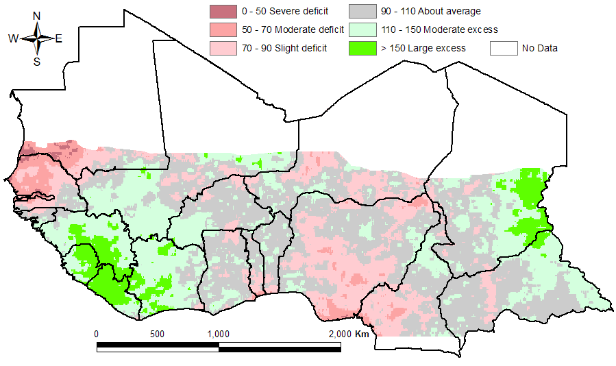 Figure 1 : Anomalie du cumul saisonnier en pourcentage du 1 er avril au 30 septembre 2014 par rapport à la moyenne court terme Source : FEWS NET/USGS Afrique de l ouest, octobre 2014 Situation des