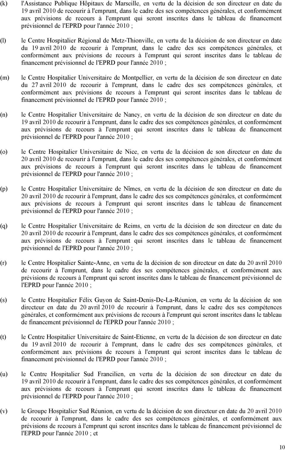 Metz-Thionville, en vertu de la décision de son directeur en date du 19 avril 2010 de recourir à l'emprunt, dans le cadre des ses compétences générales, et conformément aux prévisions de recours à