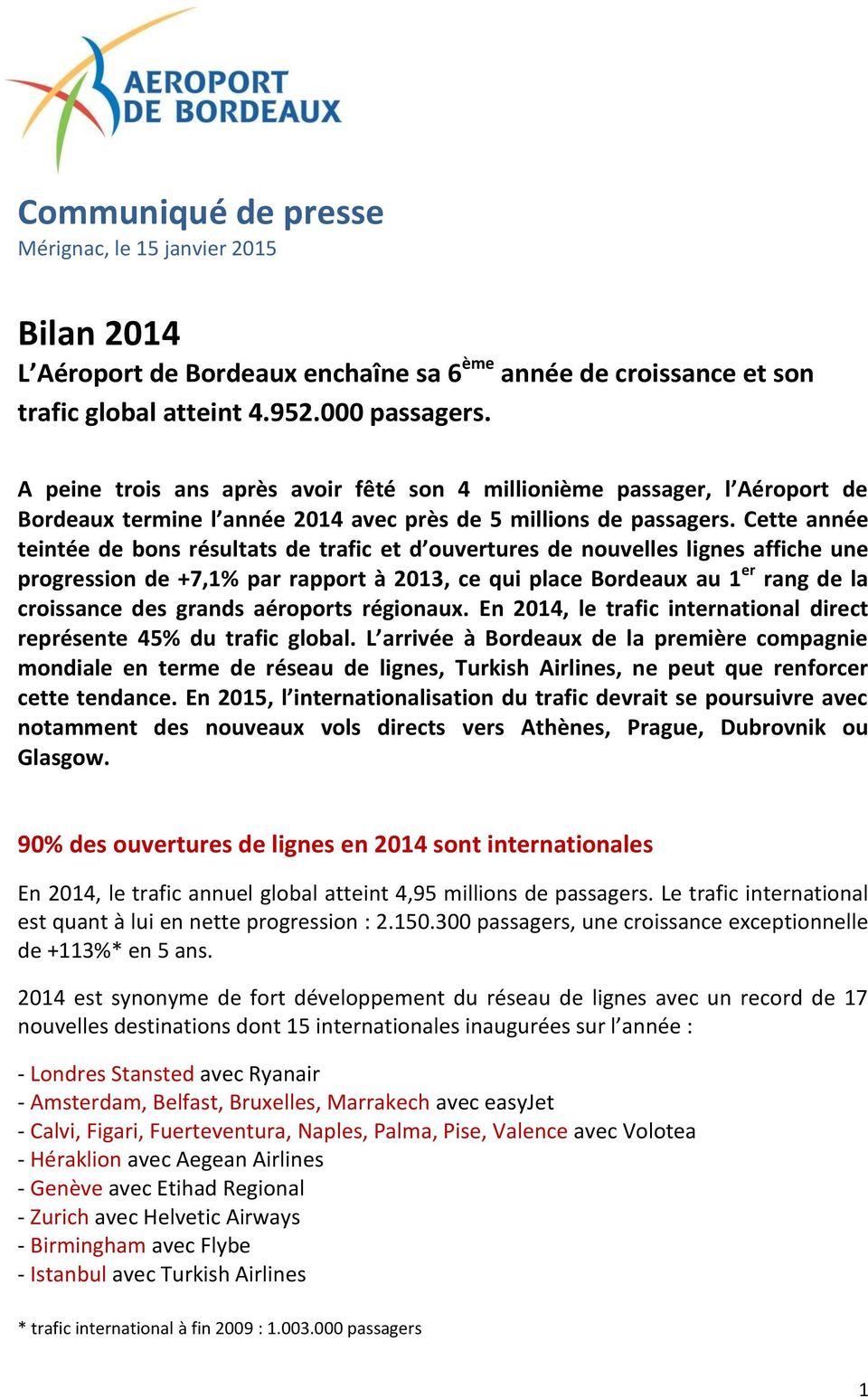 Cette année teintée de bons résultats de trafic et d ouvertures de nouvelles lignes affiche une progression de +7,1% par rapport à 2013, ce qui place Bordeaux au 1 er rang de la croissance des grands