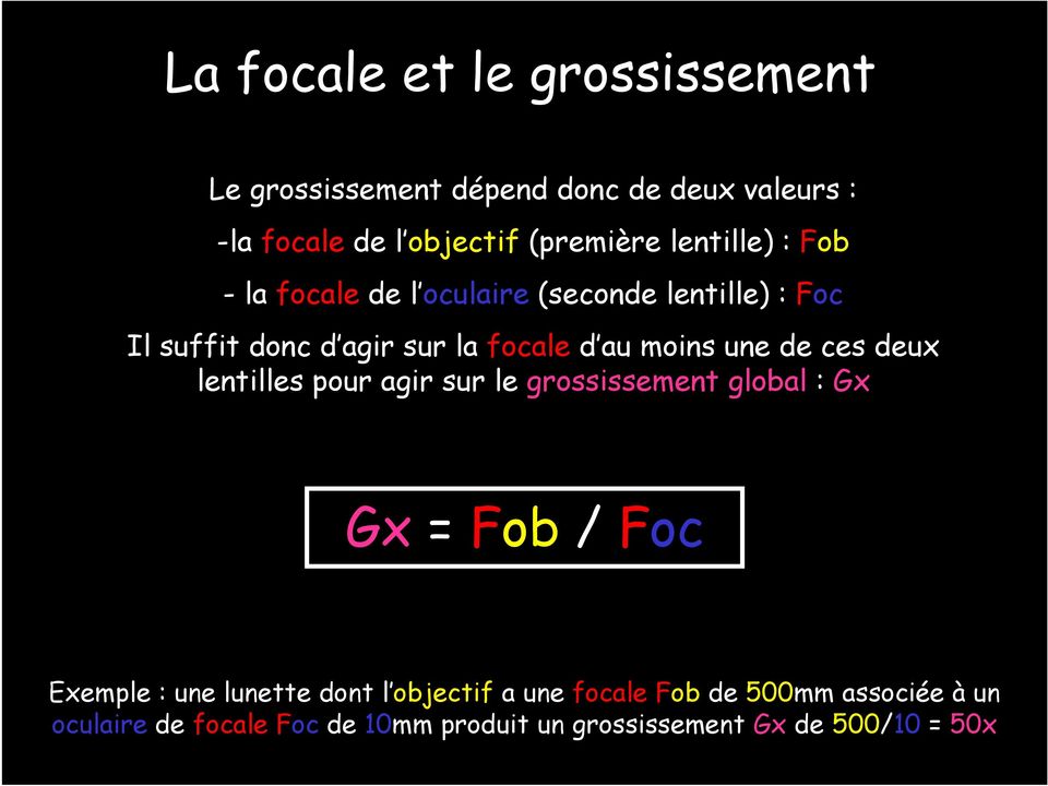une de ces deux lentilles pour agir sur le grossissement global : Gx Gx = Fob / Foc Exemple : une lunette dont l