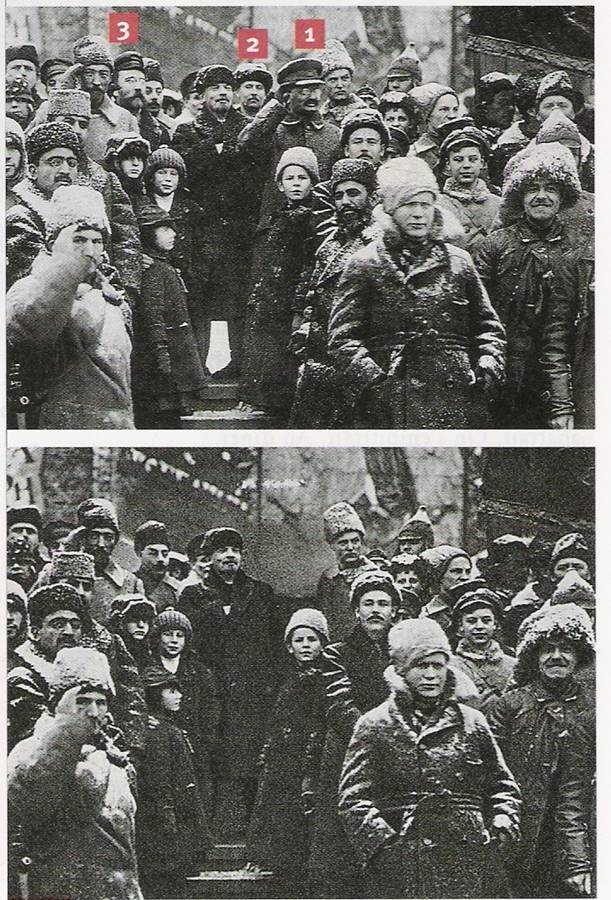 Une photographie retouchée sous Staline La photographie originale (en haut), prise en 1919 et celle diffusée par Staline (en