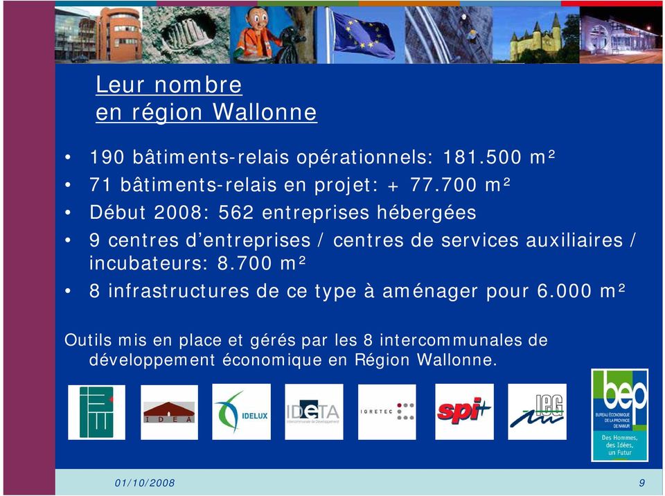 700 m² Début 2008: 562 entreprises hébergées 9 centres d entreprises / centres de services auxiliaires