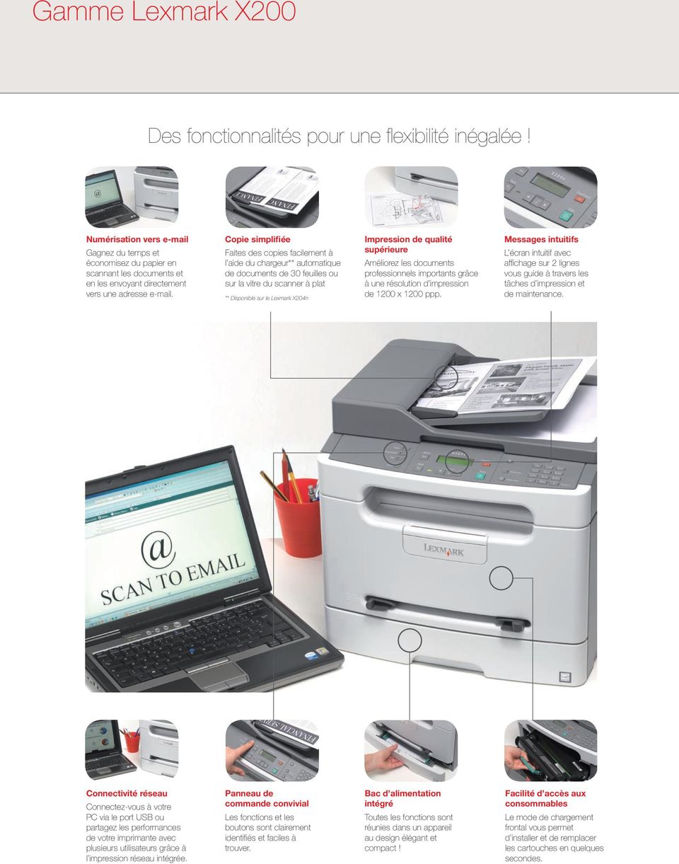Copie simplifiée Faites des copies facilement à l aide du chargeur** automatique de documents de 30 feuilles ou sur la vitre du scanner à plat ** Disponible sur le Lexmark X204n Impression de qualité