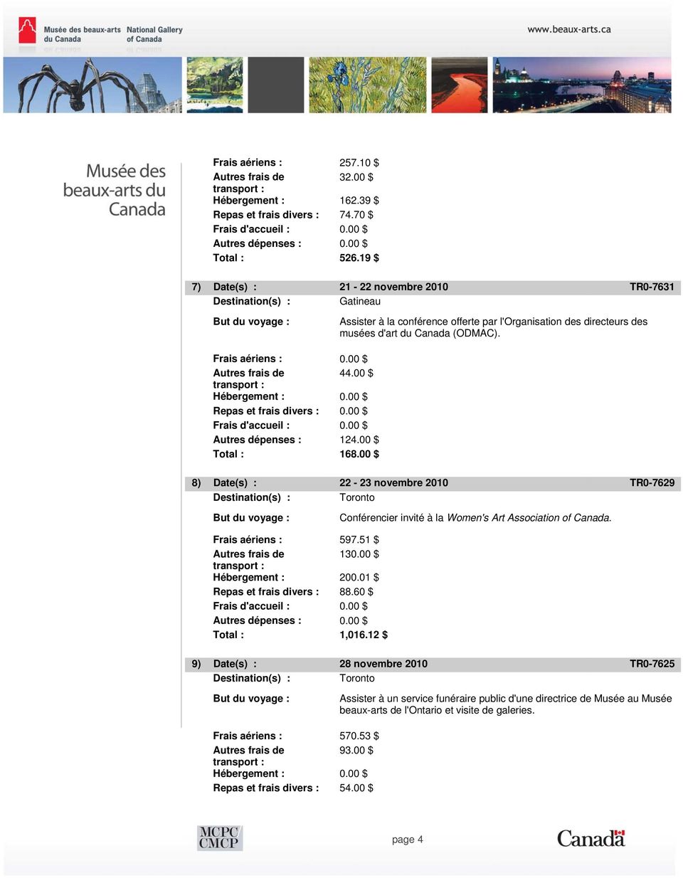 00 $ 44.00 $ Repas et frais divers : 0.00 $ Autres dépenses : 124.00 $ Total : 168.00 $ 8) Date(s) : 22-23 novembre 2010 TR0-7629 Conférencier invité à la Women's Art Association of Canada.