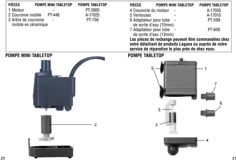 pour tube - PT-599 de sortie d eau (10mm) 7 Adaptateur pour tube - PT-600 de sortie d eau (13mm) Les pièces de rechange peuvent être