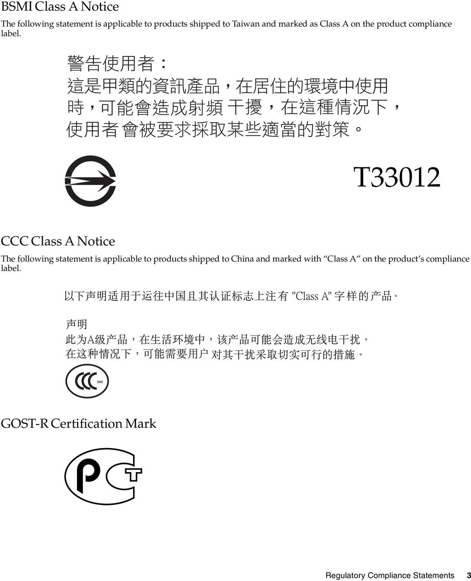 T33012 CCC Class A Notice The following statement is applicable to products shipped to