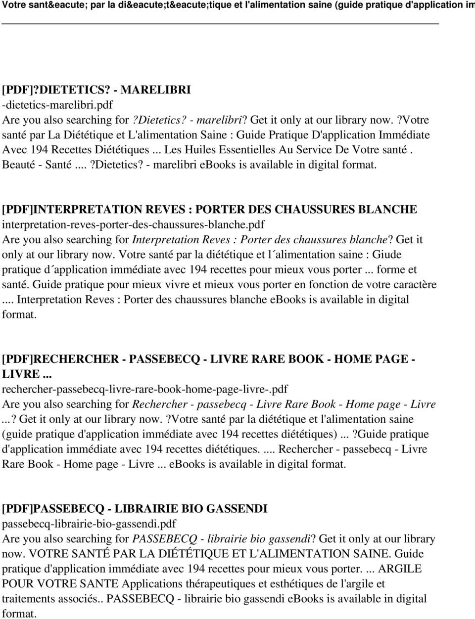 ..?Dietetics? - marelibri ebooks is available in digital [PDF]INTERPRETATION REVES : PORTER DES CHAUSSURES BLANCHE interpretation-reves-porter-des-chaussures-blanche.