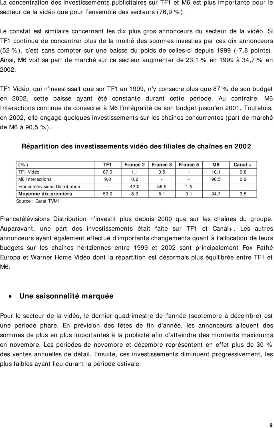 Si TF1 continue de concentrer plus de la moitié des sommes investies par ces dix annonceurs (52 %), c est sans compter sur une baisse du poids de celles-ci depuis 1999 (-7,8 points).