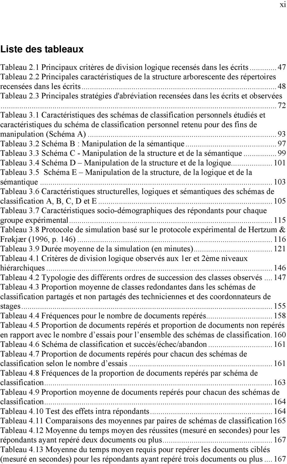 .. 72 Tableau 3.1 Caractéristiques des schémas de classification personnels étudiés et caractéristiques du schéma de classification personnel retenu pour des fins de manipulation (Schéma A).