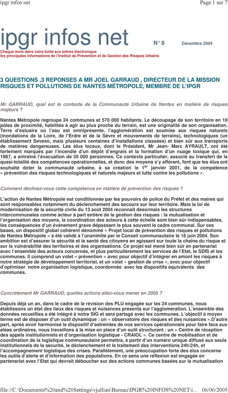 risques majeurs? Nantes Métropole regroupe 24 communes et 570 000 habitants.