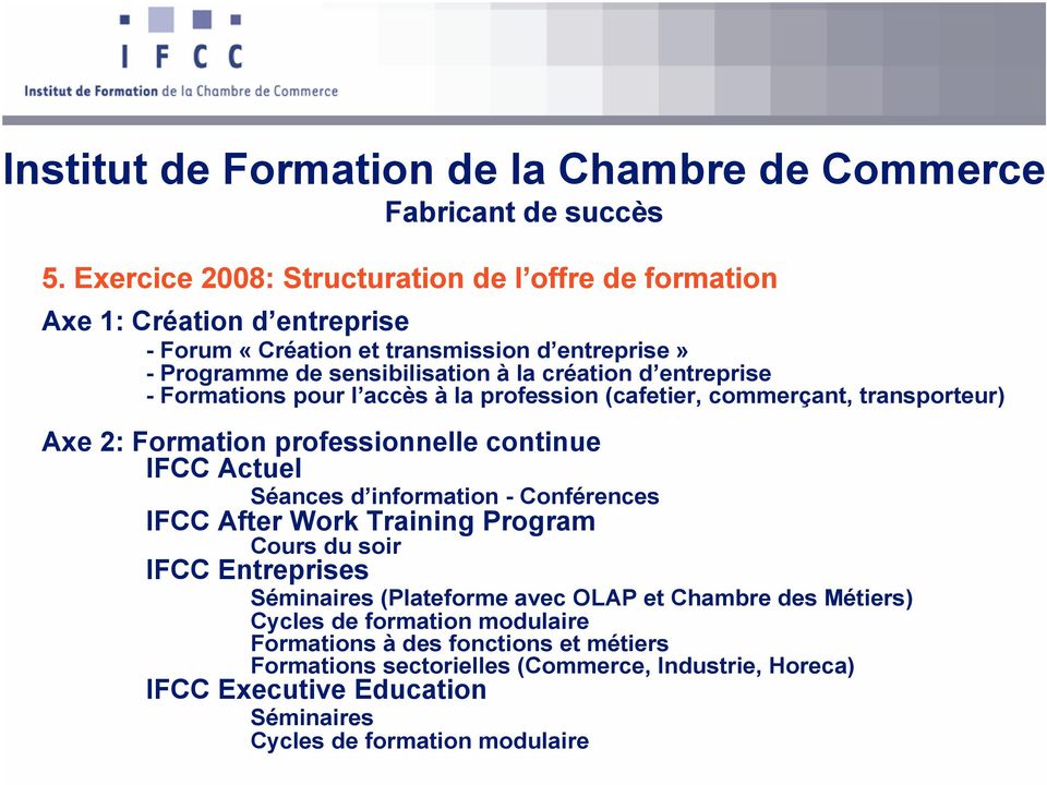 entreprise - Formations pour l accès à la profession (cafetier, commerçant, transporteur) Axe 2: Formation professionnelle continue IFCC Actuel Séances d information - Conférences