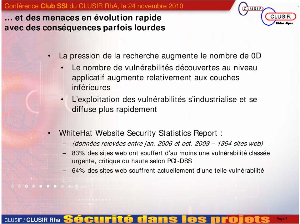diffuse plus pus rapidement e WhiteHat Website Security Statistics Report : (données relevées entre jan. 2006 et oct.