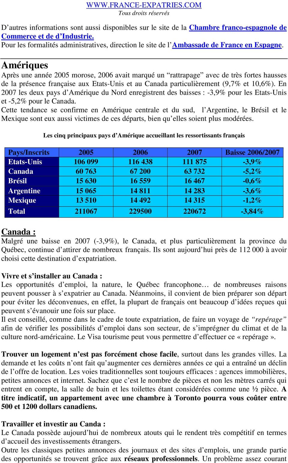 Amériques Après une année 2005 morose, 2006 avait marqué un rattrapage avec de très fortes hausses de la présence française aux Etats-Unis et au Canada particulièrement (9,7% et 10,6%).