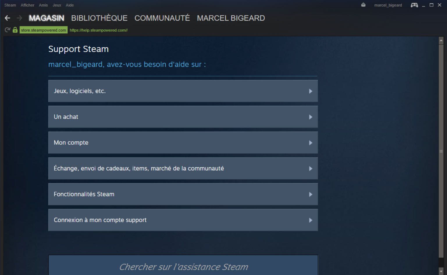 Et enfin, l écran d aide est sans surprise : En cliquant sur «Support Steam» (on rappelle que la traduction en français du mot anglais support est