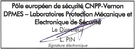 Pôle européen de sécurité CNPP-Vernon DPMES Laboratoire Dispositifs Actionnés de Sécurité Route de la Chapelle Réanville CD 64 - CS22265 F 27950 SAINT MARCEL Téléphone 33 (0)2 32 53 63 82 Télécopie