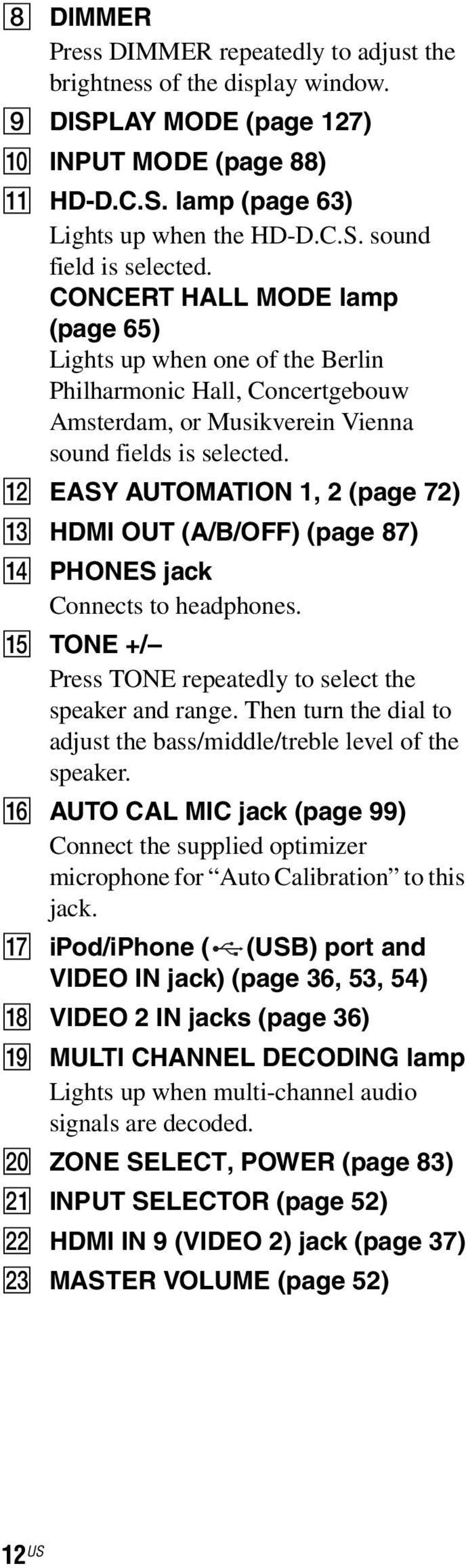 L EASY AUTOMATION 1, 2 (page 72) M HDMI OUT (A/B/OFF) (page 87) N PHONES jack Connects to headphones. O TONE +/ Press TONE repeatedly to select the speaker and range.