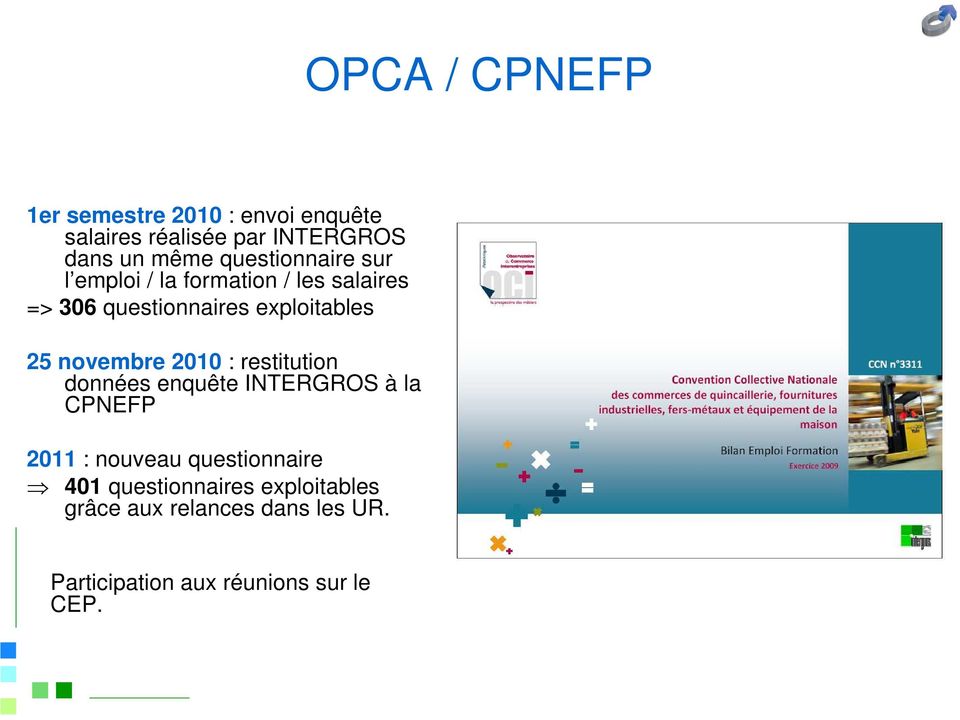 novembre 2010 : restitution données enquête INTERGROS à la CPNEFP 2011 : nouveau questionnaire