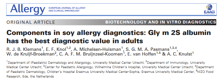 46 adultes allergiques au soja : TC et IgE spécifiques positives 1 TPO positif chez 19 patients (11 TPO négatifs) Les IgE spécifiques de Gly m 2S albumine avaient la plus grande aire sous la courbe