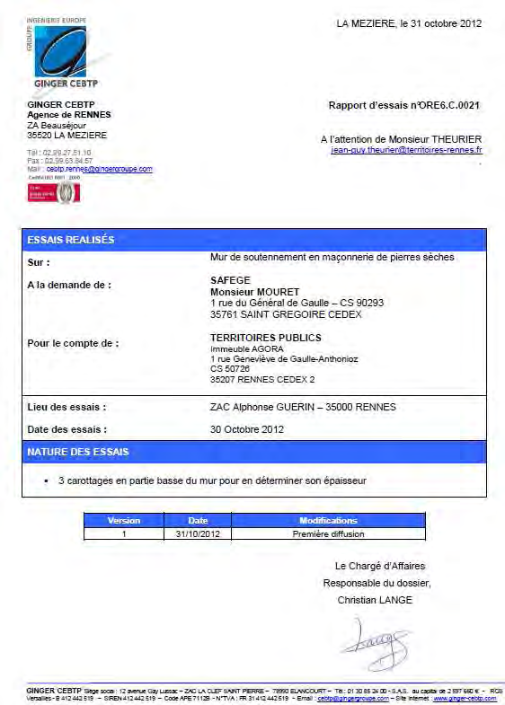 TERRITOIRES PUBLICS Rapport ZAC Alphonse Guérin - Vérification de la stabilité du mur maçonné Rapport établi par GINGER CEBTP