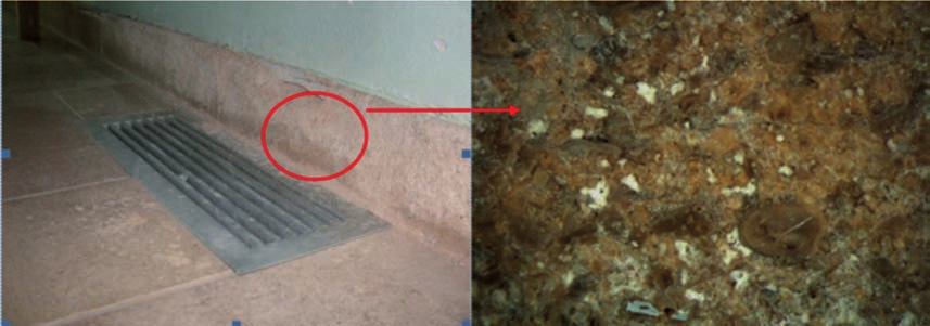 Photo 3 : Exemple de dégradation dans une piscine liée à la présence de sel NaCl dans l eau (chlorinateur) et détail sous loupe binoculaire. gel-dégel.