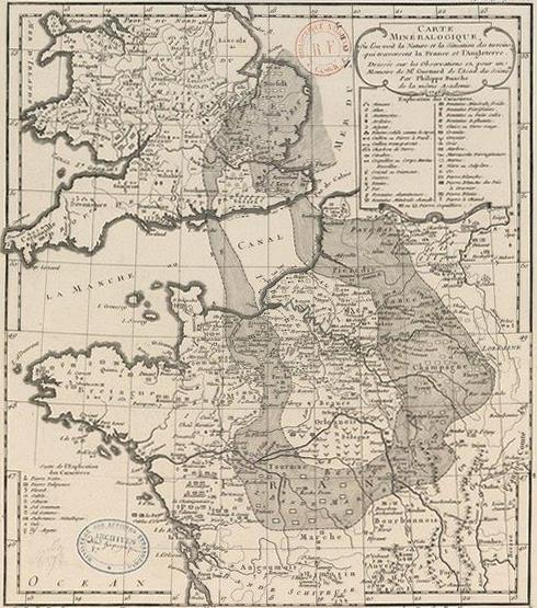 Guettard : la carte par semis de symboles de Marsigli dans artes sa "Mappa Mineralographica" de Hongrie en 1726 où il utilise les 14 "caractères" habituels en "Chymie " ; les cartes de France de 1718