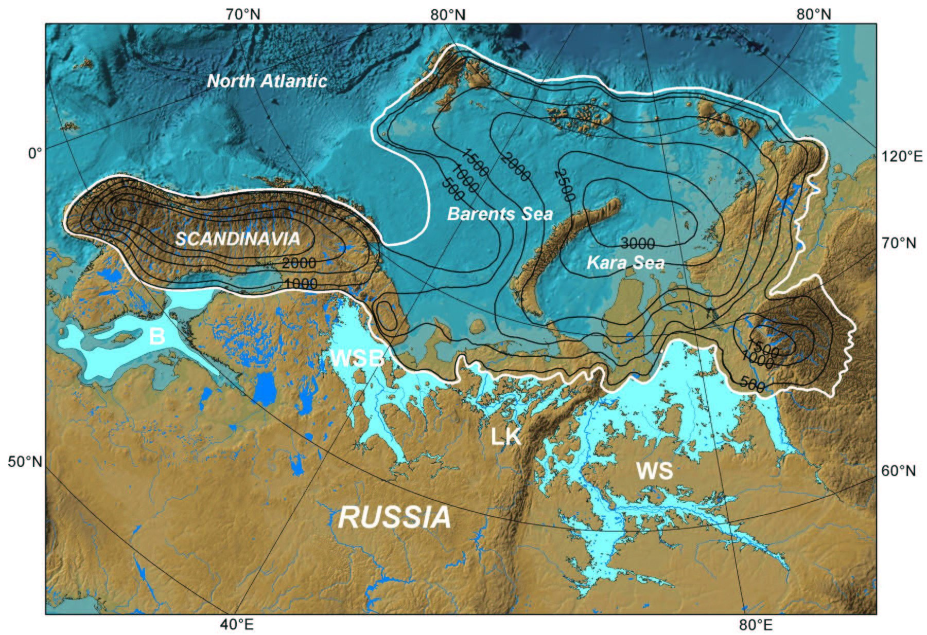 73 Lacs périglaciaires en Eurasie il y a 90 000 ans La calotte glaciaire faisait barrage à l