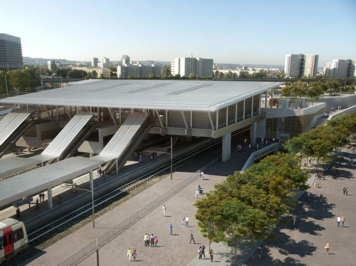 Pôle de Nanterre - Université (phases 1 et 2) La construction de la gare est en cours au dessus des voies ferrées.