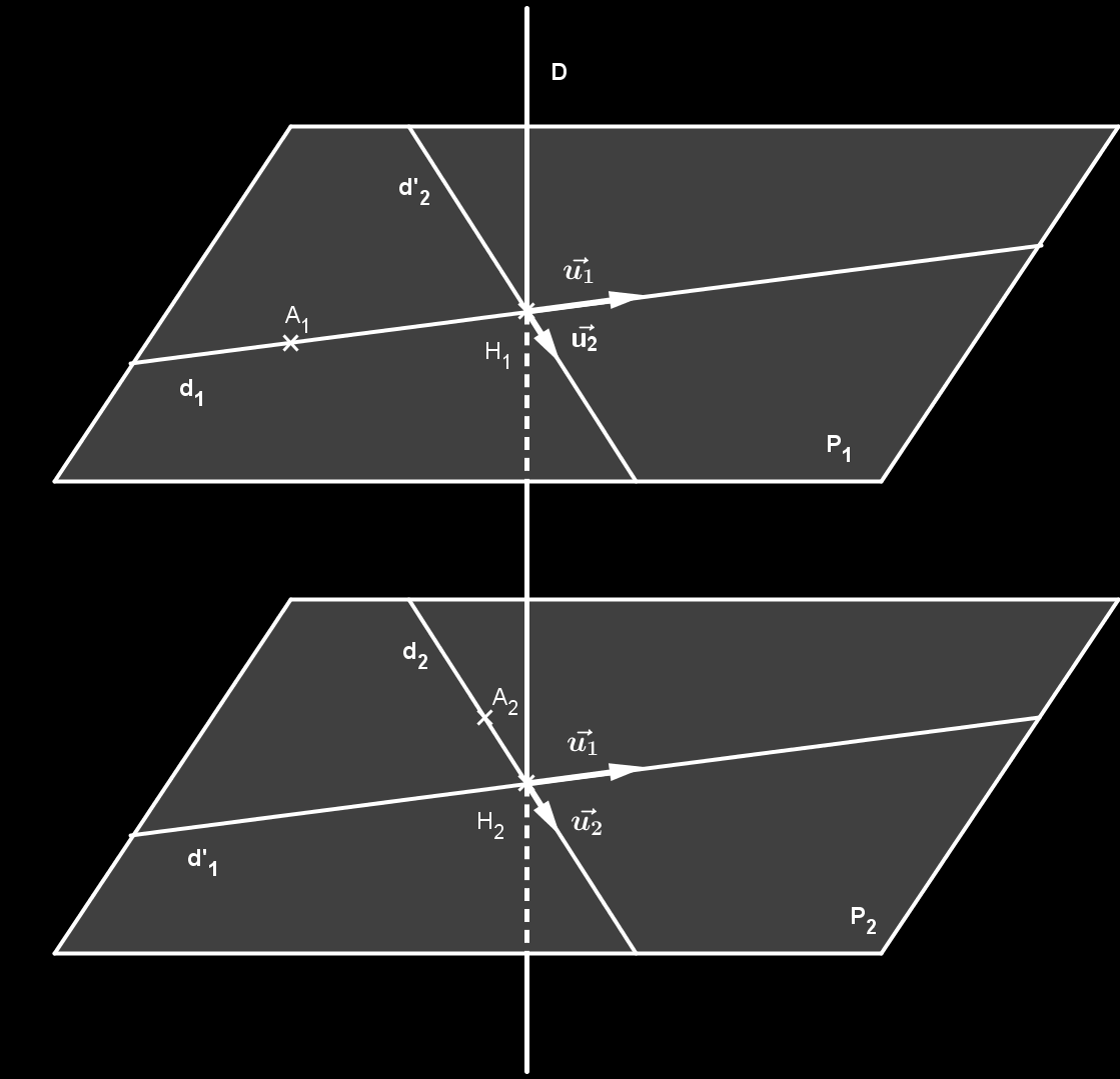 d 2 est la droite passant par A 2 et de vecteur directeur u 2. d ' 1 est la droite passant par H 2 et parallèle à d 1. d ' 2 est la droite passant par H 1 et parallèle à d 2.