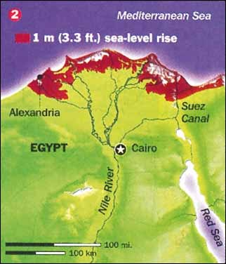 Fig. 7 Delta du Nil : dix millions de personnes vivent dans la zone marquée en rouge, située à moins d'un mètre d'altitude. Source : Time magazine, 2001 Fig.